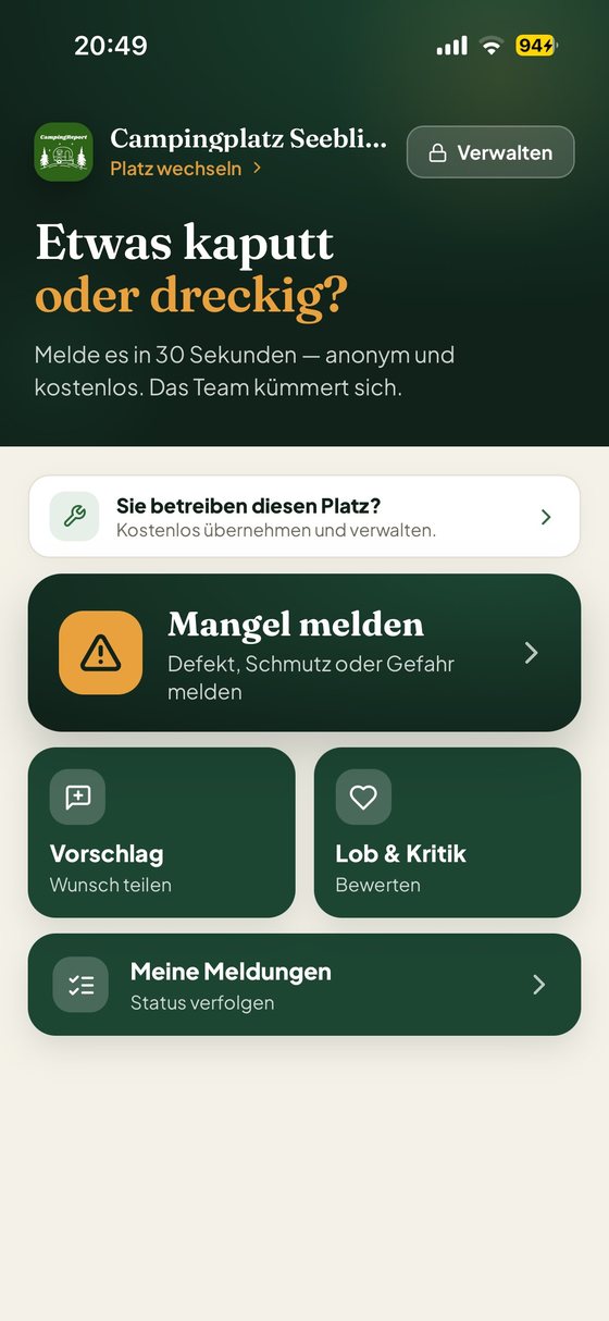 CampingReport: Startansicht zum Melden von Mängeln