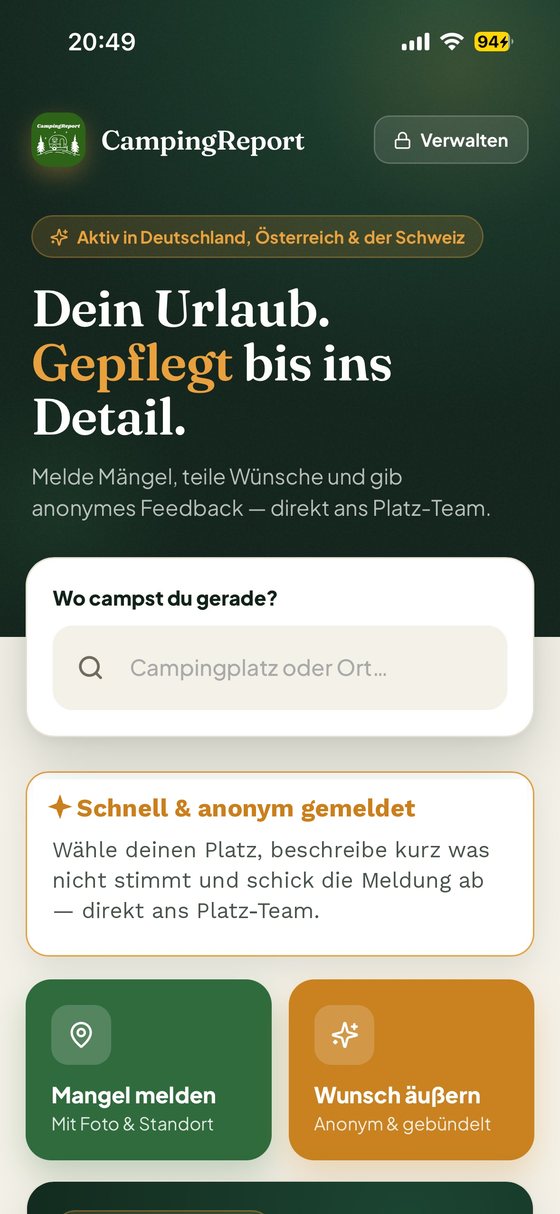 CampingReport: Campingplatz suchen und Meldung starten