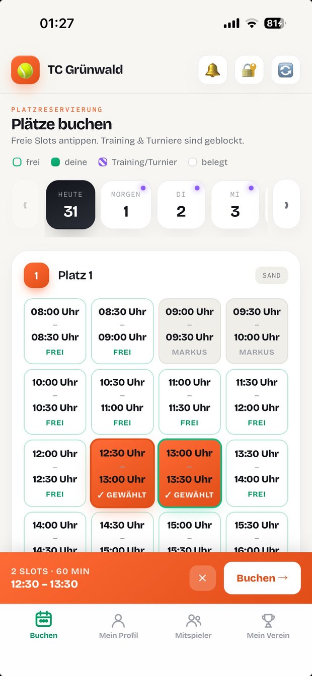 Clubbase: Platzbuchung mit freien und gewählten Zeitfenstern