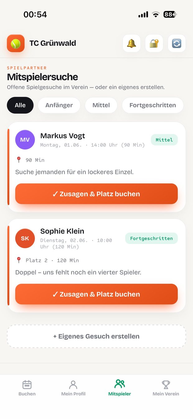 Clubbase: Mitspielersuche im Verein