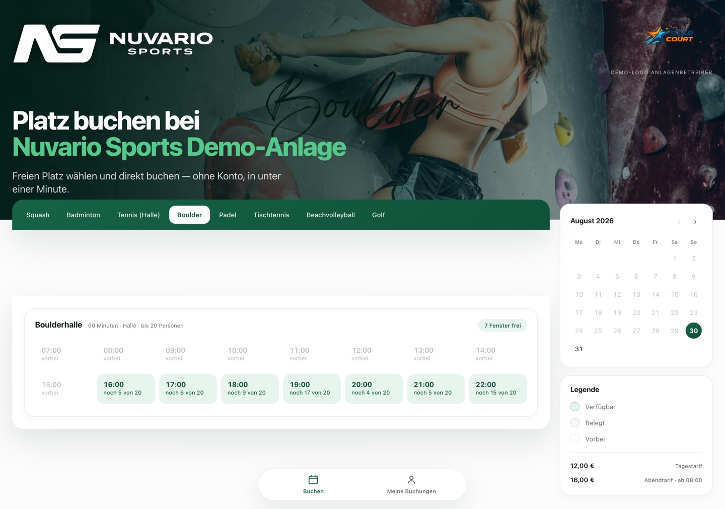 Nuvario Sports: Gastbuchung einer Boulderhalle mit freien Zeitfenstern und Kalender