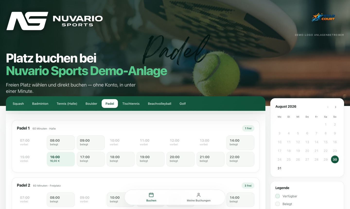 Nuvario Sports, Gastansicht Padel: Zeitfenster je Platz mit Preis oder belegt